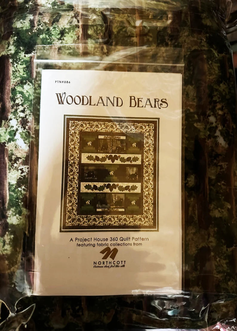 Quilt Kit Woodland Bears Flannel 73"x87", Black Bear Lodge Flannel by Northcott, Bear Bed Quilt Blanket Fabric Kit Gift