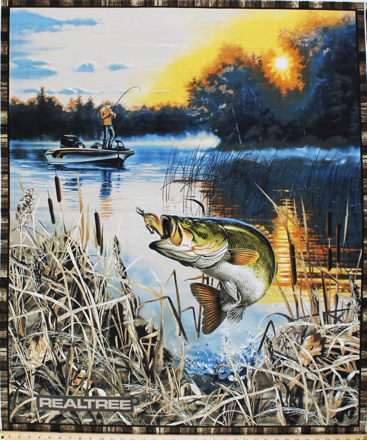 Fishing Fabric Panel 36"x44", Realtree Fish by Sykel, Fish Bed Quilt Wall Hanging Cabin Boat Lake Water
