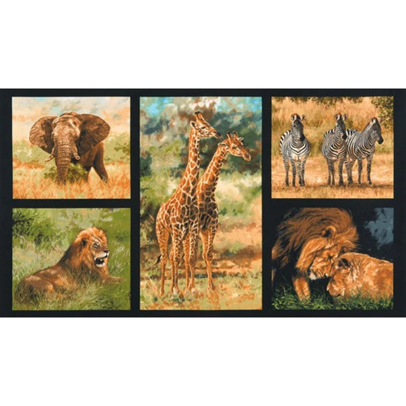 African Animals Fabric Panel 23"x43", Nature by Robert Kaufman, Safari Animal Bed Quilt Wall Hanging Elephant Giraffe Lion Leopard Zebra