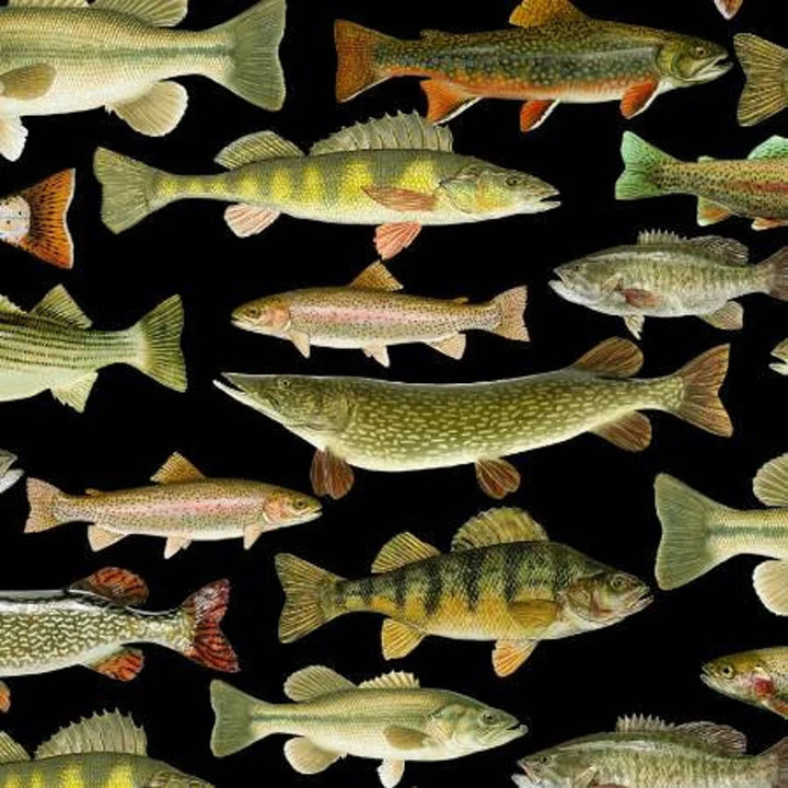 Fish Fabric 1/2 Yard, C6405 Timeless Treasures, Nature Fishing Camping Tenting Catch a Fish Gone Fishing
