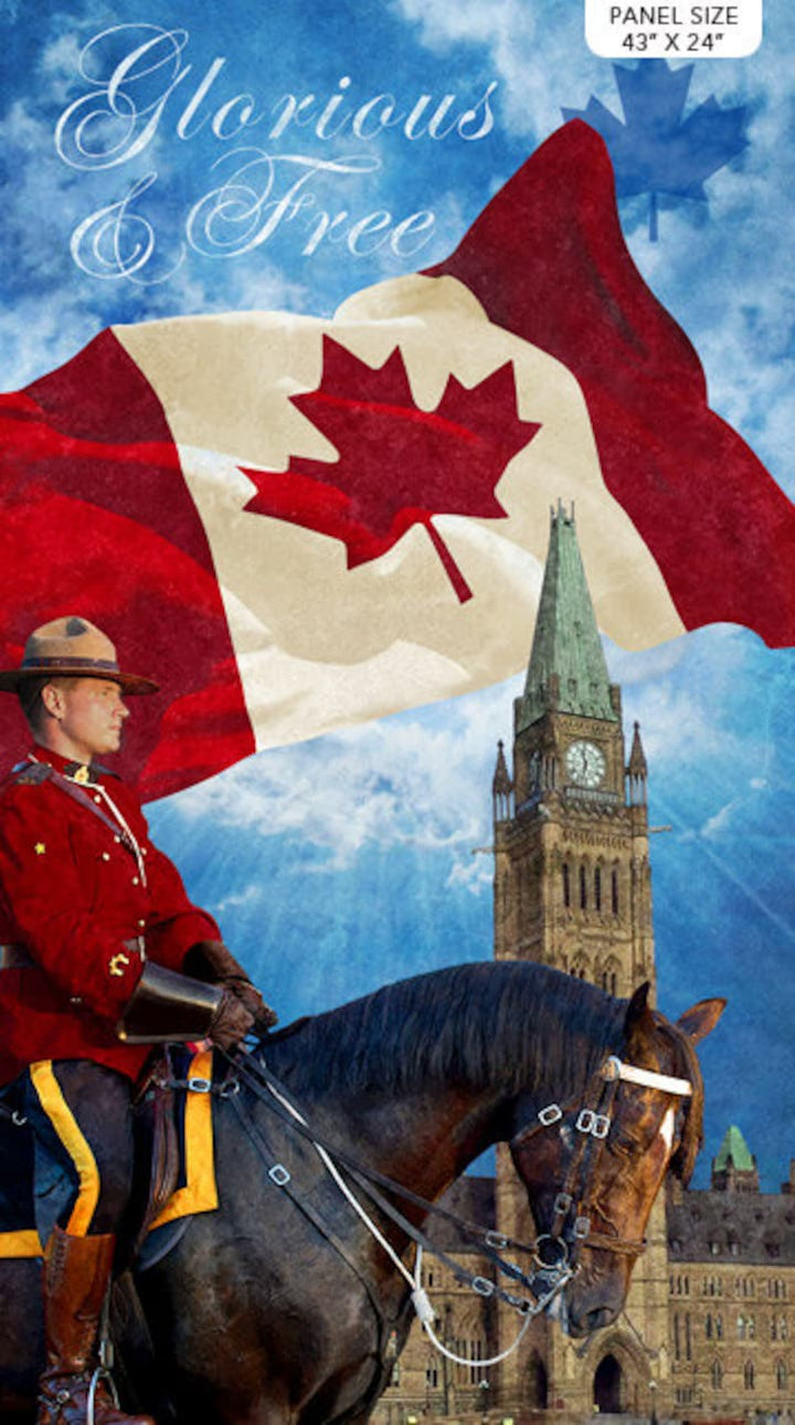 Oh Canada 23"x43" Fabric Panel, Glorious and Free DP23992-46 by Northcott, RCMP Quilt Blanket Bed Wall Hanging Horse