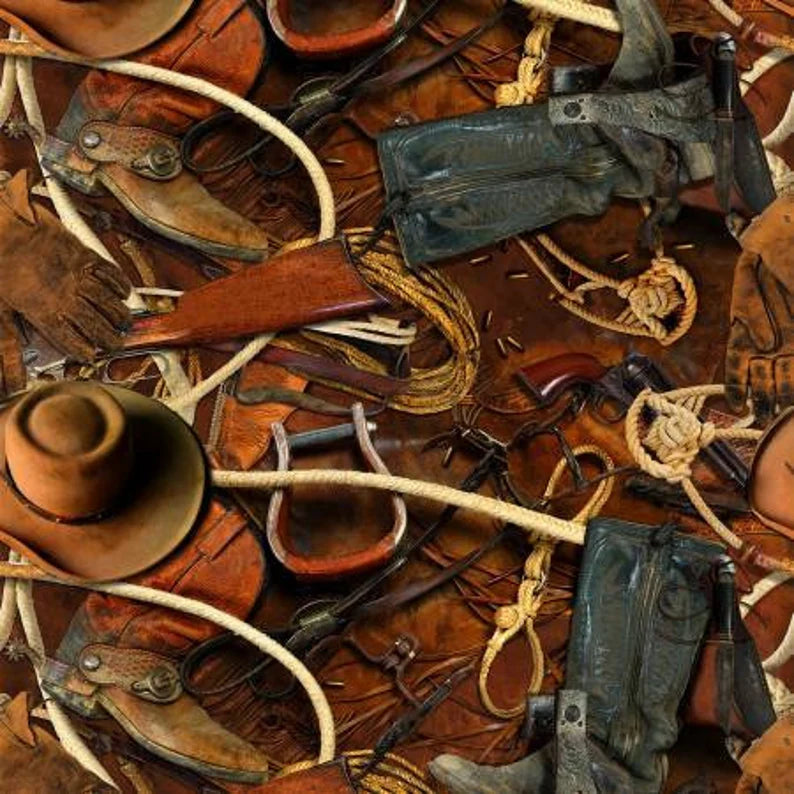 Cowboy Accessories Fabric 1/2 Yard, S4834H-39 Sun Up to Sun Down Hoffman, Cowboy Bed Gift Quilt Hat Boots Rope Gun Holster Stirrups Spurs
