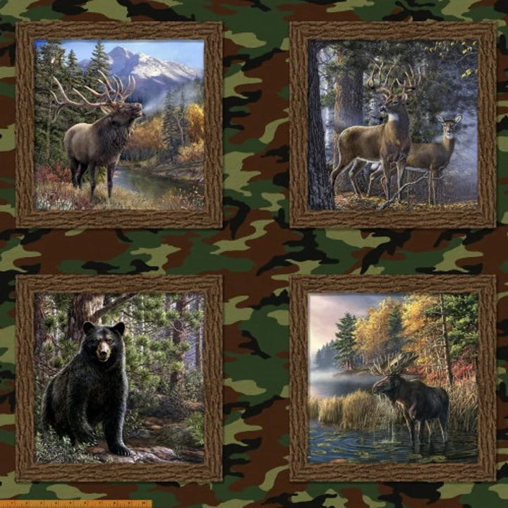 Bear Moose Elk Deer Pillow Panel 43"x36", 43304D-X Multi The Great Outdoors by Whistler Studios, Wildlife Quilt Wall Hanging Table Runner