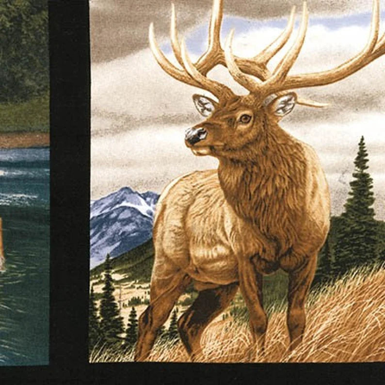 RARE Nature Fabric Panel 43"x23", Bringing Nature Home 15209 Robert Kaufman, Wildlife Quilt Owl Bear Whitetail Deer Elk Eagle Wolves Moose