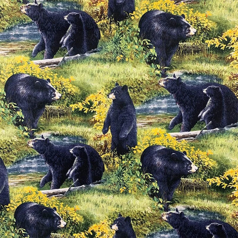 Black Bear Fabric 1/2 Yard, CP59986 Basic Black Scenic by Wild Wings, Black Bear Quilt Wall Hanging Table Runner Placemats