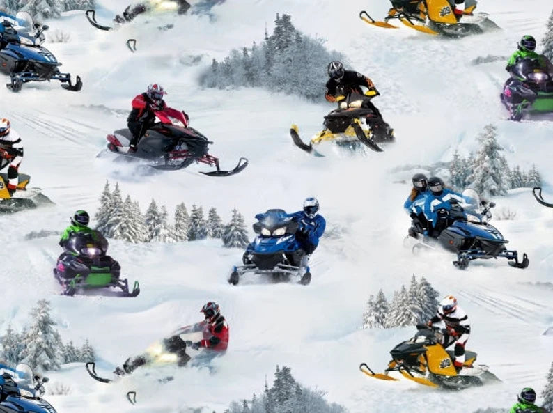 Snowmobile Fabric 1/2 Yard, 239-white by Elizabeth's Studios, Winter Snow Trees Snowmobile quilt wall hanging table runner blanket bed quilt