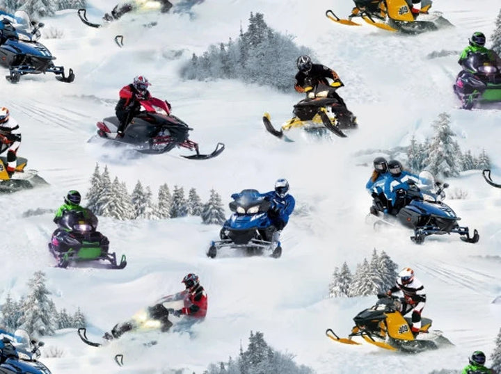 Snowmobile Fabric 1/2 Yard, 239-white by Elizabeth's Studios, Winter Snow Trees Snowmobile quilt wall hanging table runner blanket bed quilt