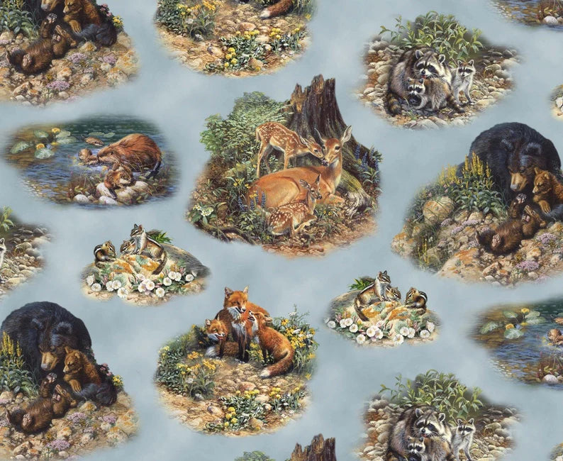 Woodland Families Fabric 1/2 Yard, 9101Blue by Elizabeth's Studio, Animals and their Babies Bear Chipmunk Deer Bear Racoon Fox Beaver