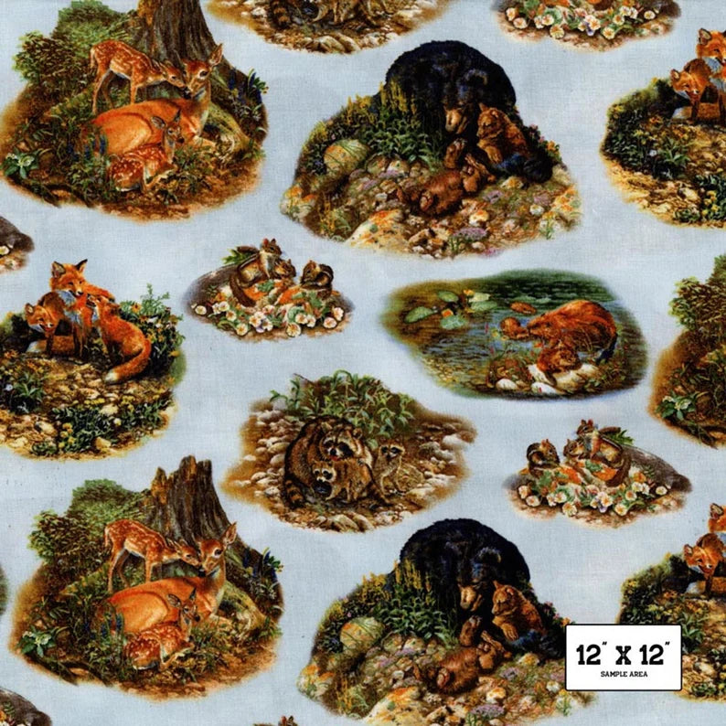 Woodland Families Fabric 1/2 Yard, 9101Blue by Elizabeth's Studio, Animals and their Babies Bear Chipmunk Deer Bear Racoon Fox Beaver