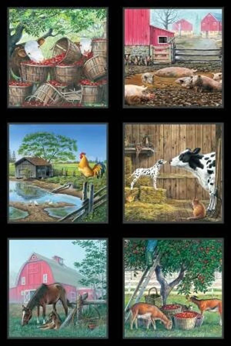 Farm Life Fabric Panel 24"x43", 8001Black Elizabeth's Studios, Ducks Chicken Rooster Cow Dalmatian Dog Horse Red Barn Goats Cow Pigs Apples