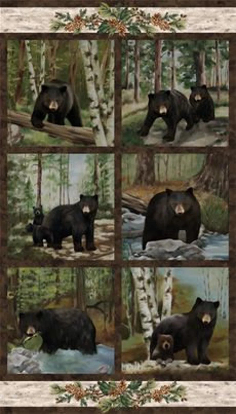 Quilt Kit Woodland Bears Flannel 73"x87", Black Bear Lodge Flannel by Northcott, Bear Bed Quilt Blanket Fabric Kit Gift