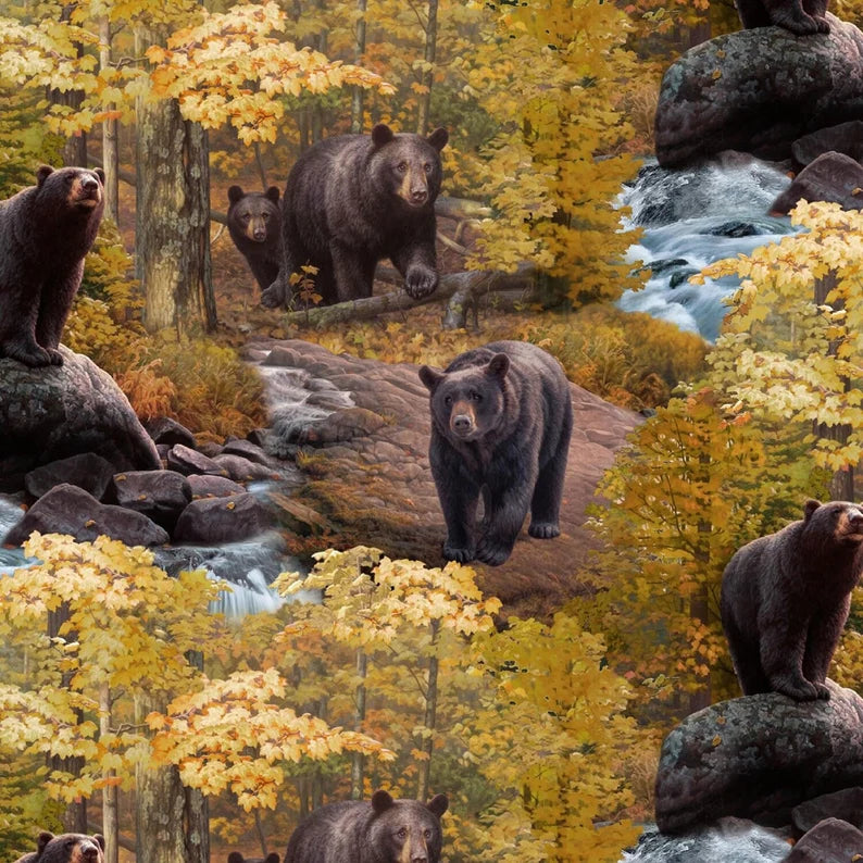 Bear Fabric 30"x43", Linus Americanus 9203Multi by Elizabeth's Studio, Fall Bear Quilt Wall Hanging Placemats Table Runner