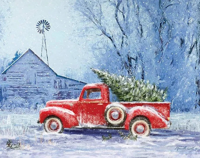 Red Truck Christmas Fabric Panel 44"x36", Christmas Truck Quilt Gift, Holiday Decor, PD12373 Picture A Christmas by Riley Blake