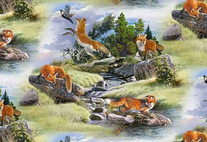 Fox Fabric, 5011-Blue North American Wildlife by Elizabeth's Studio, Fox Gift Bed Quilt Table Runner Placemats, 1/2 Yard