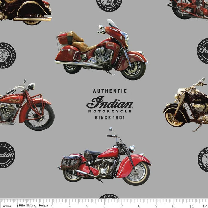 Indian Motorcycle Fabric 1/2 Yard, C7380 Riley Blake, Gray Indian Motorcycle Bed Blanket Quilt Wall Hanging Riding