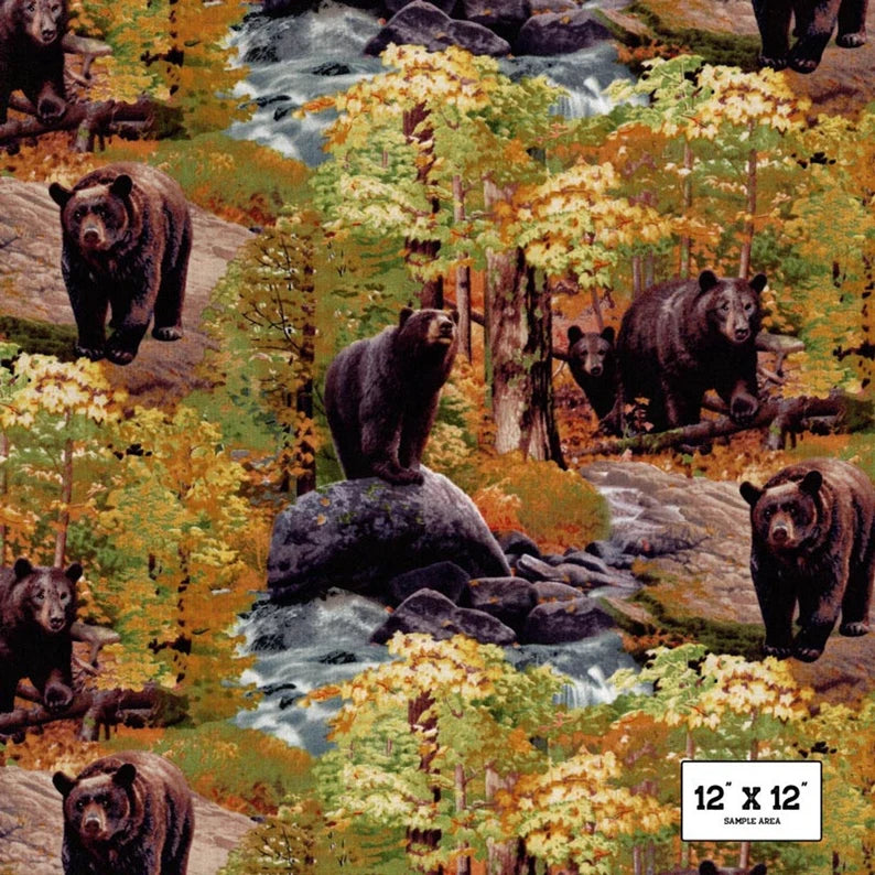 Bear Fabric 30"x43", Linus Americanus 9203Multi by Elizabeth's Studio, Fall Bear Quilt Wall Hanging Placemats Table Runner