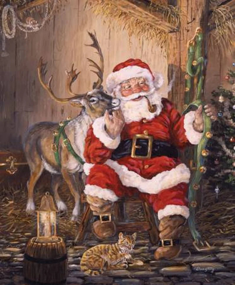 Santa Christmas Reindeer Cat Fabric Panel, Christmas Memories P8692 by Riley Blake, Christmas Santa Quilt Wall Hanging