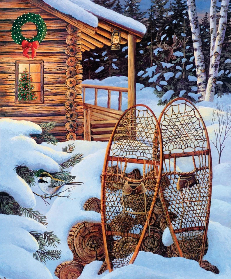 Log Cabin Christmas Fabric Panel, Evening Solitude Christmas Memories P8693 by Riley Blake, Christmas Snowshoes Chickadee Log Cabin Quilt