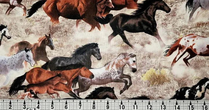 Horse Fabric, 302 Earth Happy Trails by Elizabeth's Studio, Horse Gift Bed Quilt Table Runner Placemats, 1/2 Yard