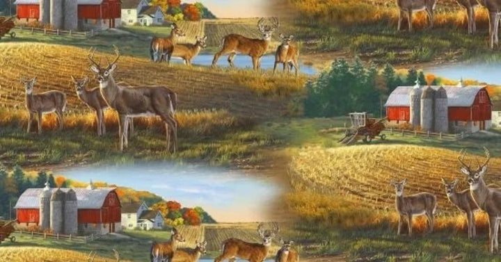 Whitetails Fabric, 8901Multi by Elizabeth's Studio, Farm Yard Deer Doe Buck Quilt Wall Hanging Silo Fence, 1/2 Yard