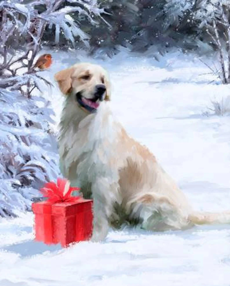 Dog with Gift Fabric Panel 36"x43", AL48851C1, Christmas Dog with Gift Present Bed Quilt Snow White Dog Red Gift Digital Print