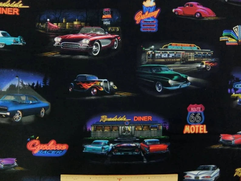 Retro Car Fabric, AWUD-18480-256 RETRO - Roadside Diner by Robert Kaufman, Drive In Gifts Bed Quilt, Half Yard