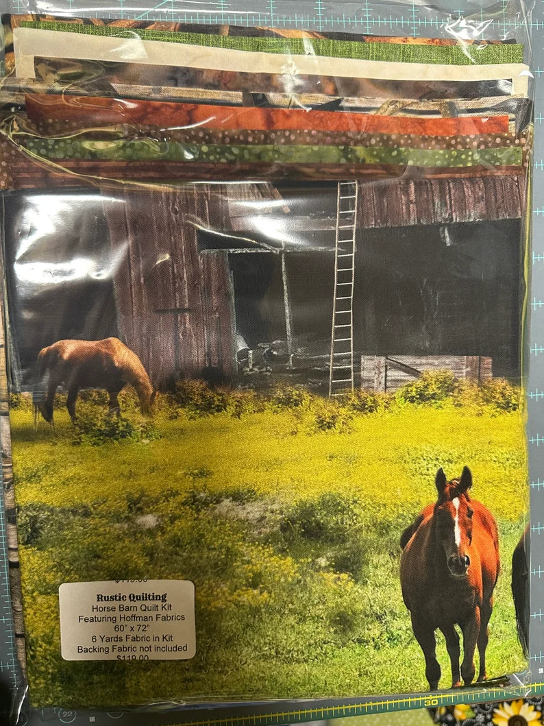 Quilt Kit 60"x72" Horse Barn by Hoffman, Red Barn Horses Farm Lift Gift Bed Quilt Stream Horseshoes Home Decor Wagon Wheels