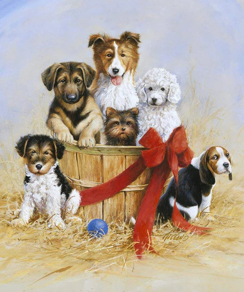 Dogs in Basket Fabric Panel 36"x43",P7825 Wild & Play by Penny Rose Studio, Christmas Dogs Gift Yorkie Terrier Shepherd Maltese Basset