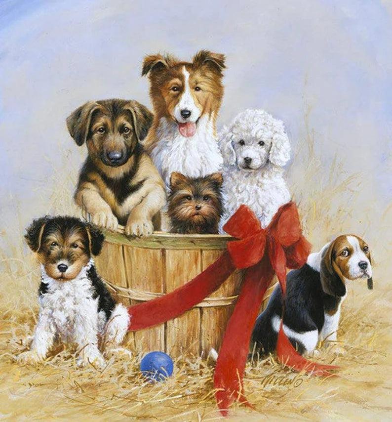 Dogs in Basket Fabric Panel 36"x43",P7825 Wild & Play by Penny Rose Studio, Christmas Dogs Gift Yorkie Terrier Shepherd Maltese Basset