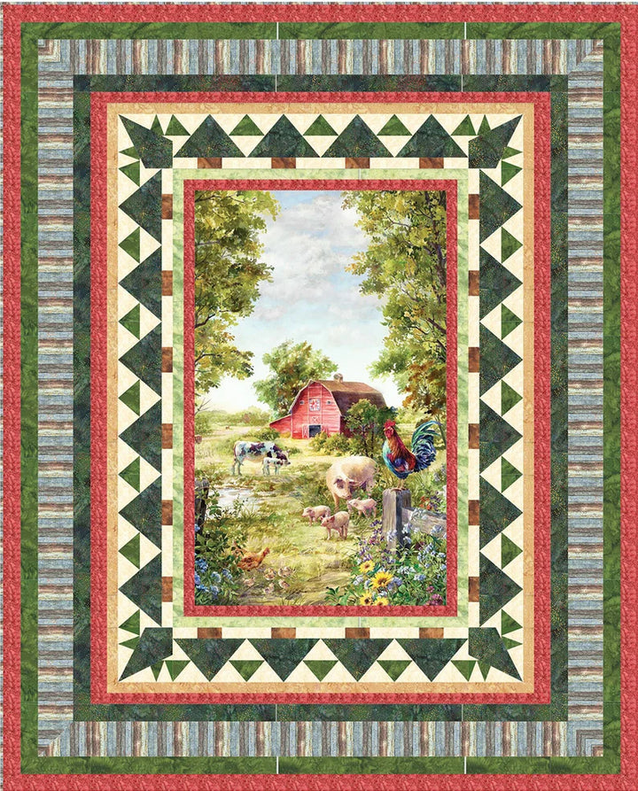 Quilt Kit 58"x72" Spring Memories Farm Quilt, Fabric by Hoffman, Red Barn Garden Flowers Farm Gift Bed Quilt Kit
