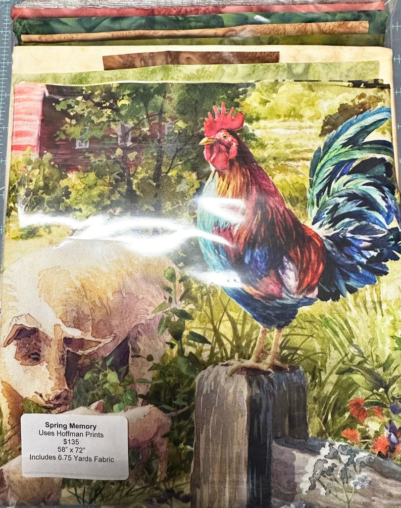 Quilt Kit 58"x72" Spring Memories Farm Quilt, Fabric by Hoffman, Red Barn Garden Flowers Farm Gift Bed Quilt Kit