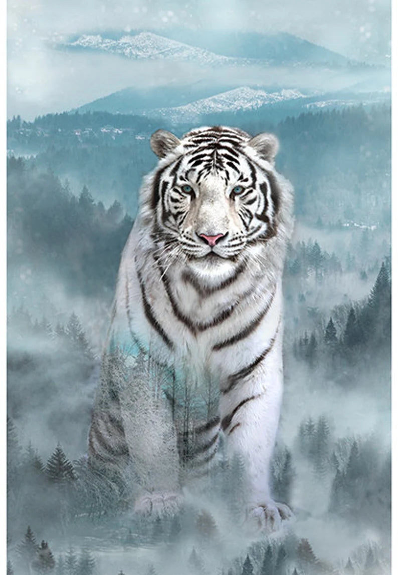 RARE White Tiger Fabric Panel 28"x43",4564-190 by Hoffman, Tiger Gift Bed Quilt Blanket Wall Hanging Queen King