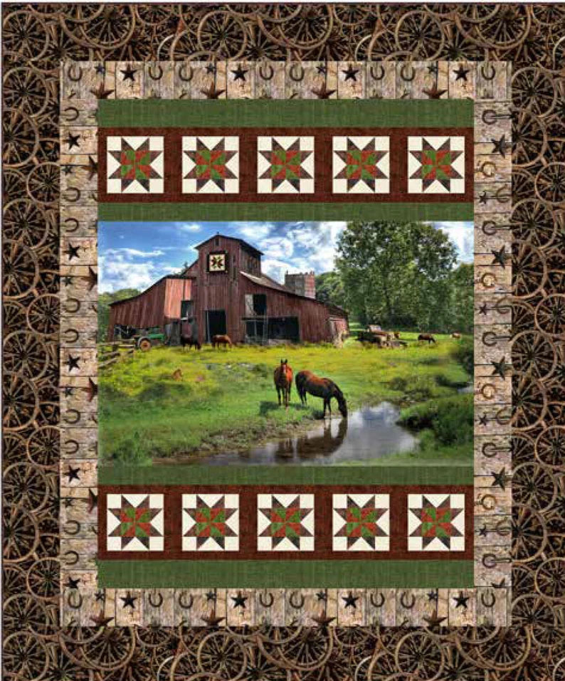 Quilt Kit 60"x72" Horse Barn by Hoffman, Red Barn Horses Farm Lift Gift Bed Quilt Stream Horseshoes Home Decor Wagon Wheels