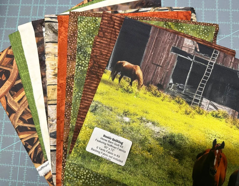 Quilt Kit 60"x72" Horse Barn by Hoffman, Red Barn Horses Farm Lift Gift Bed Quilt Stream Horseshoes Home Decor Wagon Wheels