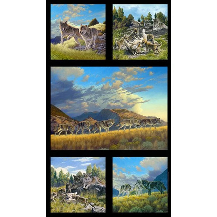 Wolves Fabric Panel 24"x43", 5017Black by Elizabeth's Studio, Wolf Pups Playing, Wolves Running