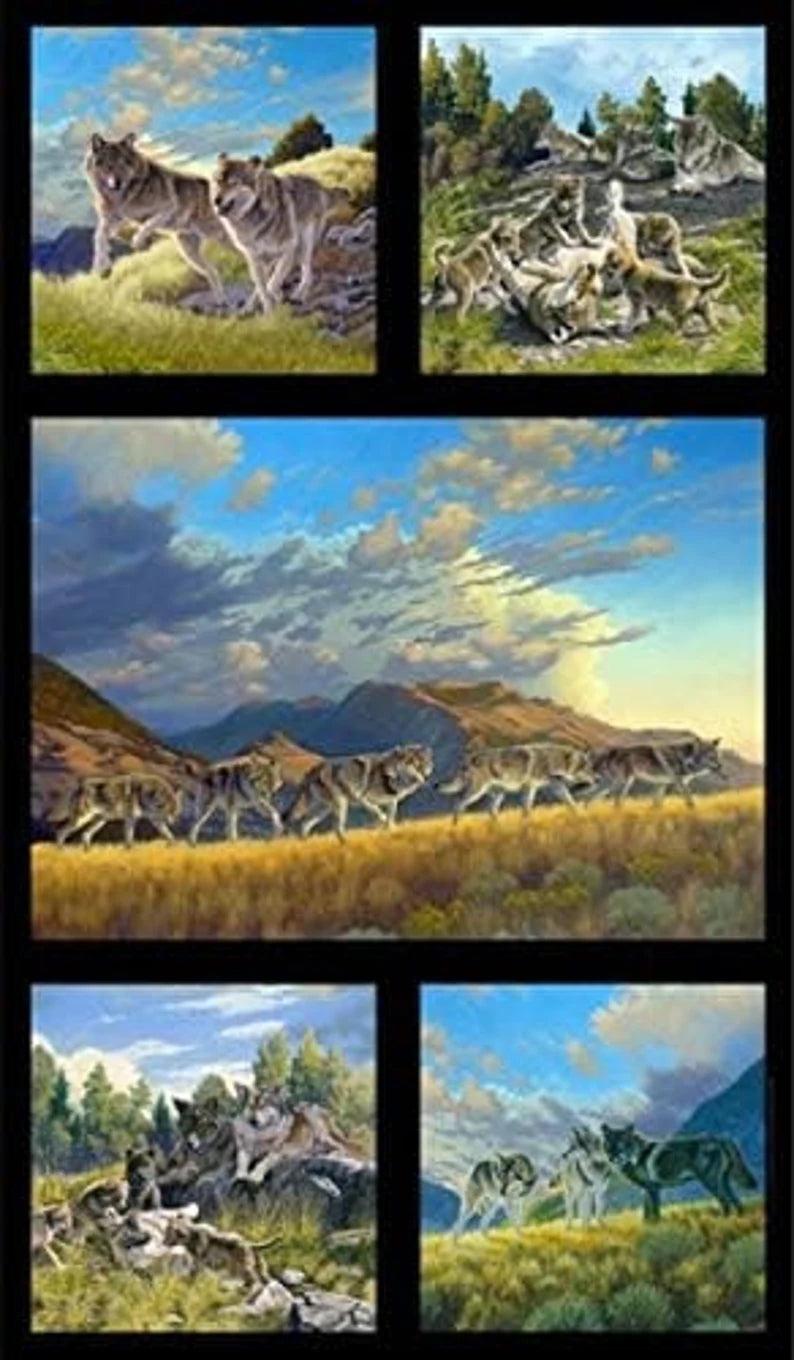 Wolves Fabric Panel 24"x43", 5017Black by Elizabeth's Studio, Wolf Pups Playing, Wolves Running