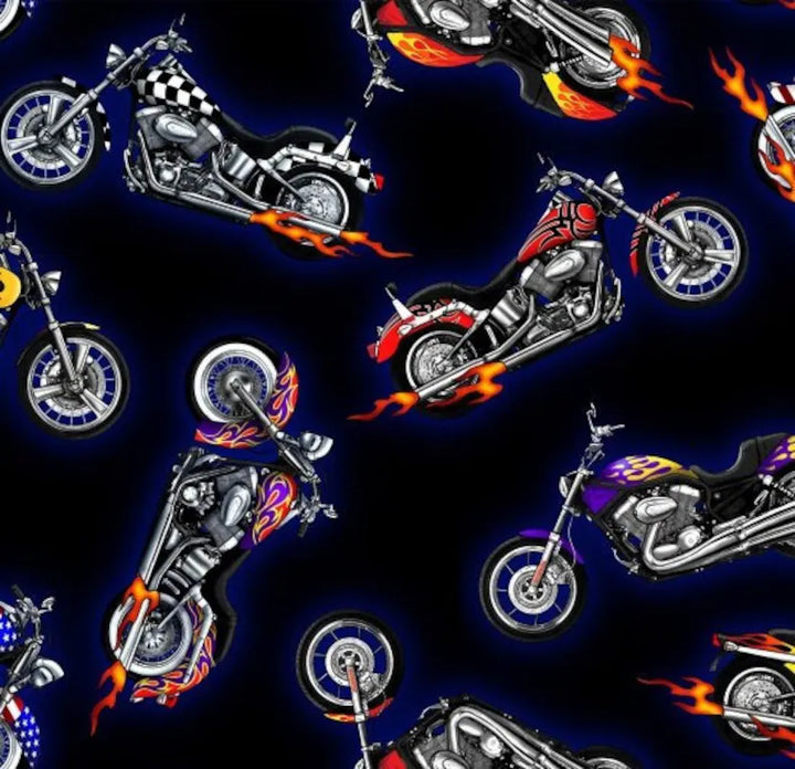 Motorcycle Fabric 1/2 Yard, 281BLACK by Elizabeth's Studios, Motorcycle Gifts Quilt Guy Men Bed Blankets Wall Hanging