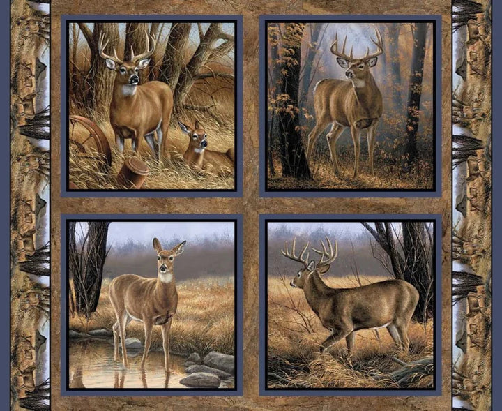 RARE Deer Pillow Panel 43"x36", CP45585 Eastern Edge Springs, 4 Pictures on a Panel, Deer Gift Bed Quilt no Hanging Placemats Discontinued