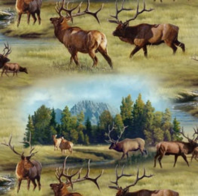 Elk Fabric 1/2 Yard, 5010-Green Elk Allover CP51388 by Elizabeth's Studios, Elk Quilt Wall Hanging Placemats Table Runner