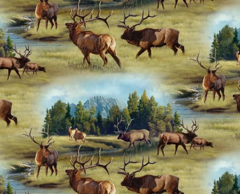 Elk Fabric 1/2 Yard, 5010-Green Elk Allover CP51388 by Elizabeth's Studios, Elk Quilt Wall Hanging Placemats Table Runner
