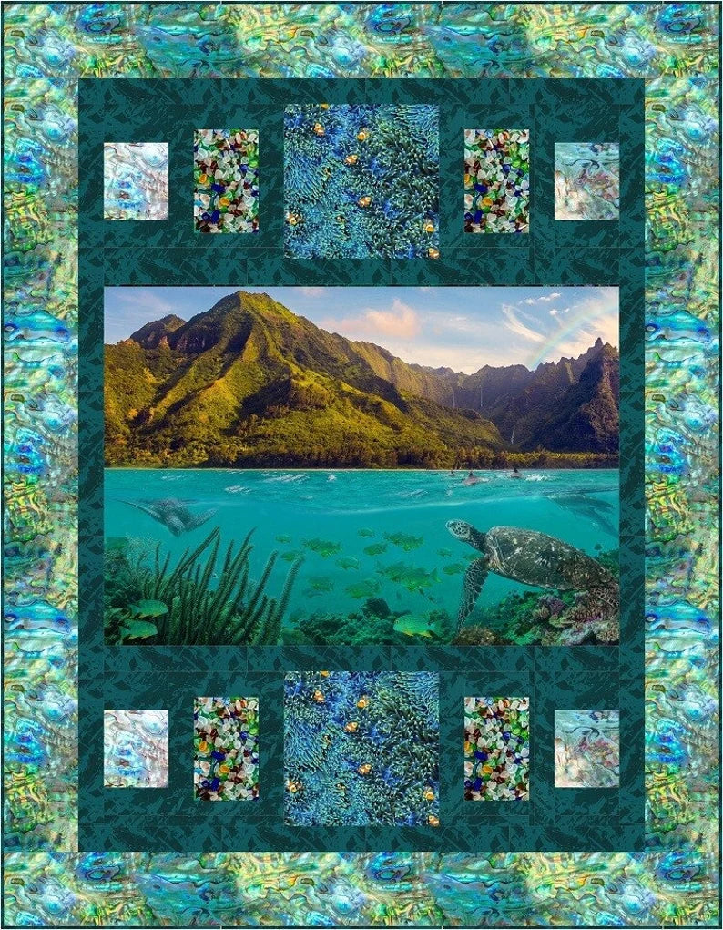 Turtle Quilt Kit 54"x72", Fabrics by Hoffman, Ocean Turtle Gifts Bed Quilt Home Decor Fish Mountains Caribbean Coral