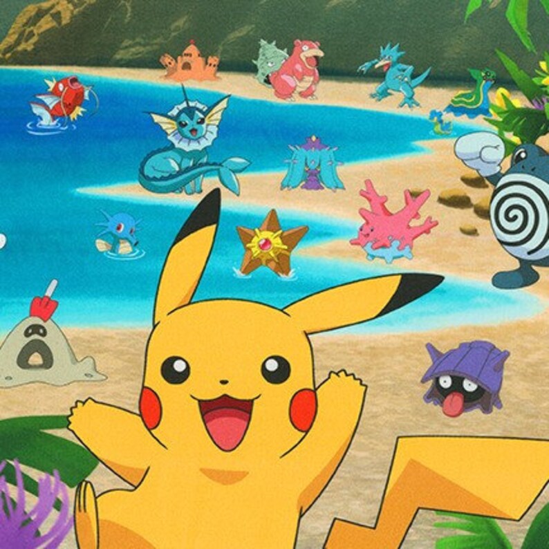 Pokémon Beach Fabric Panel 26"x44", 18843-205 Multi Pokémon Fabric by Robert Kaufman. Pokémon Quilt Gift Wall Hanging Blanket