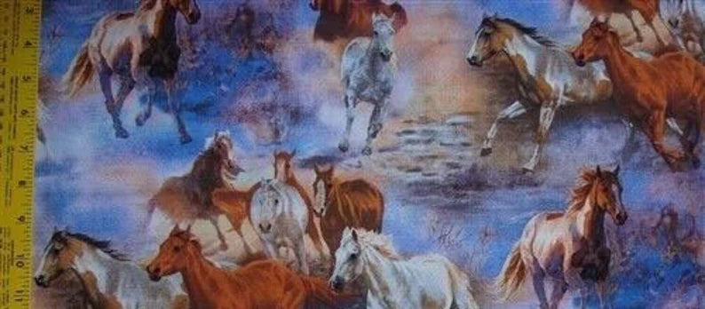 Horse Fabric 1/2 yard, Horses Running, Blue Mist fabric, Horse Gift Bed Quilt, Wild Wings fabrics by Springs Creative