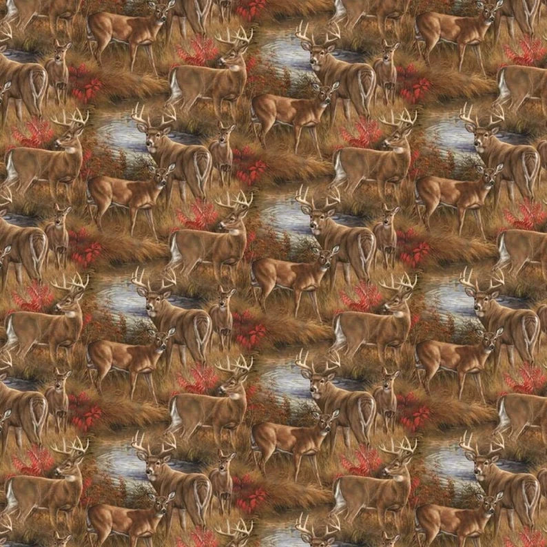 Whitetails Fabric 1/2 Yard, CP64258 Amongst the Shadows Deer Allover, Farm Yard Deer Doe Buck Quilt Wall Hanging Stream Water Lake Grass