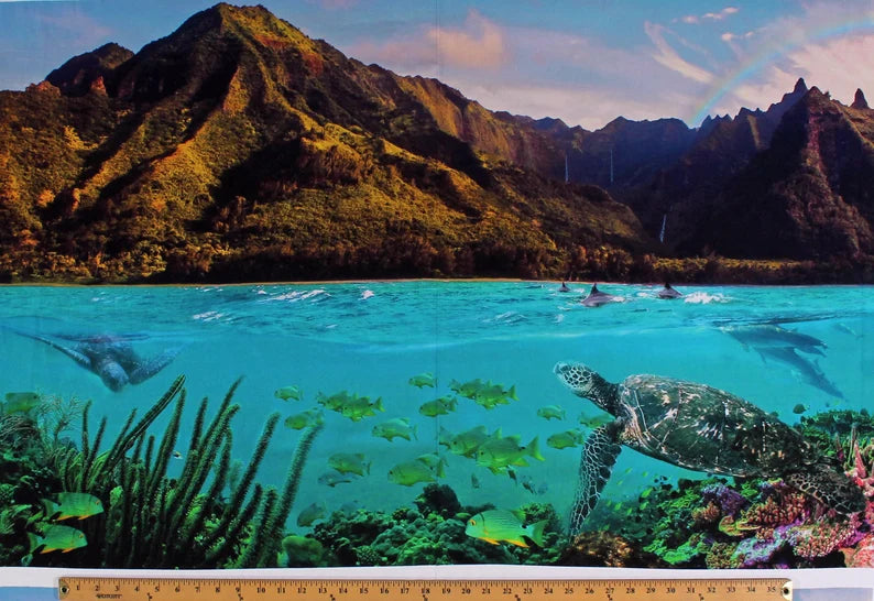 Turtle Quilt Kit 54"x72", Fabrics by Hoffman, Ocean Turtle Gifts Bed Quilt Home Decor Fish Mountains Caribbean Coral