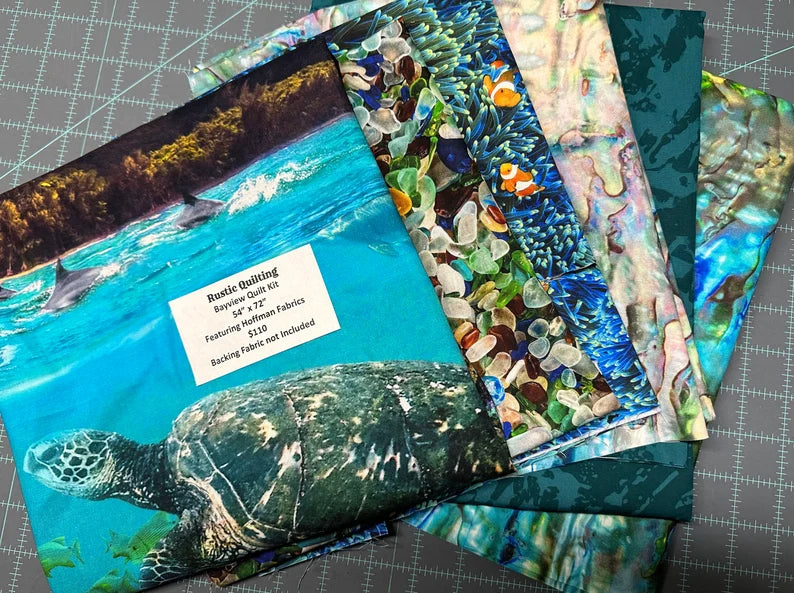 Turtle Quilt Kit 54"x72", Fabrics by Hoffman, Ocean Turtle Gifts Bed Quilt Home Decor Fish Mountains Caribbean Coral
