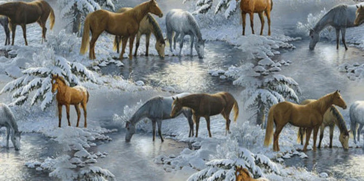 Horse Fabric 1/2 Yard, WW Crystal Glenn Springs Creative Fabric, Horses in Water Forest Quilt Wall Hanging Bed Table Runner Placemat Winter