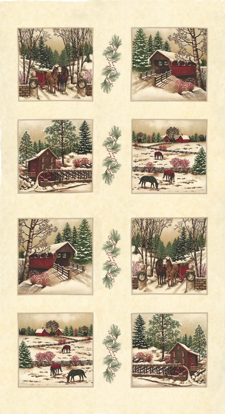 Winter White Christmas Fabric Panel 24"x43", 6810-19 Moda Holly Taylor fabrics, Winter Gift Quilt Wall Hanging Table Runner Bed Quilt