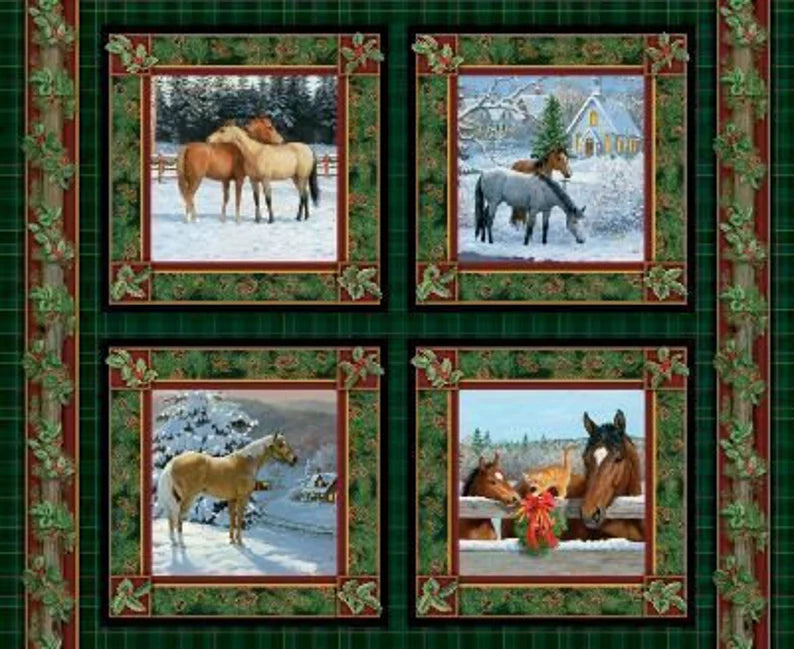 Horse Christmas Pillow Panel 36"x43", Winter Gift Quilt Wall Hanging Table Runner Bed Quilt