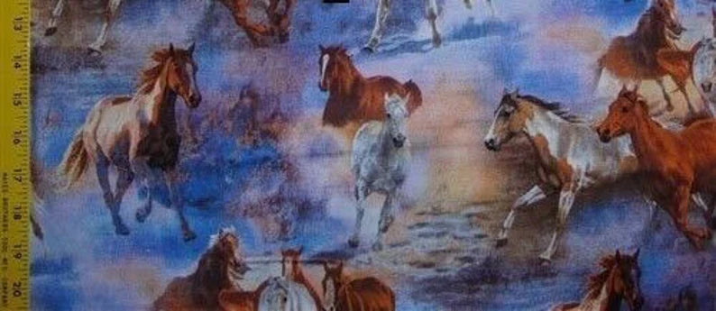 Horse Fabric 1/2 yard, Horses Running, Blue Mist fabric, Horse Gift Bed Quilt, Wild Wings fabrics by Springs Creative